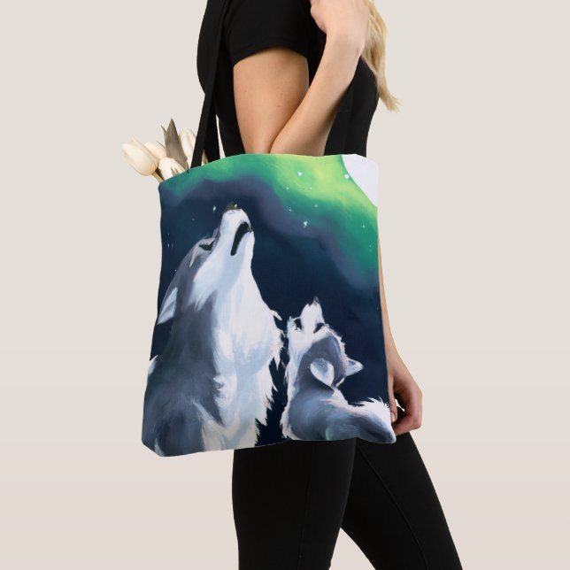 Cute Wolf and Pup Howl at Full Moon Tote Bag (Close Up)