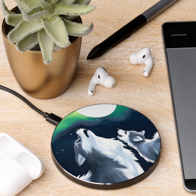Cute Wolf and Pup Howl at Full Moon Wireless Charger (Desk 2)