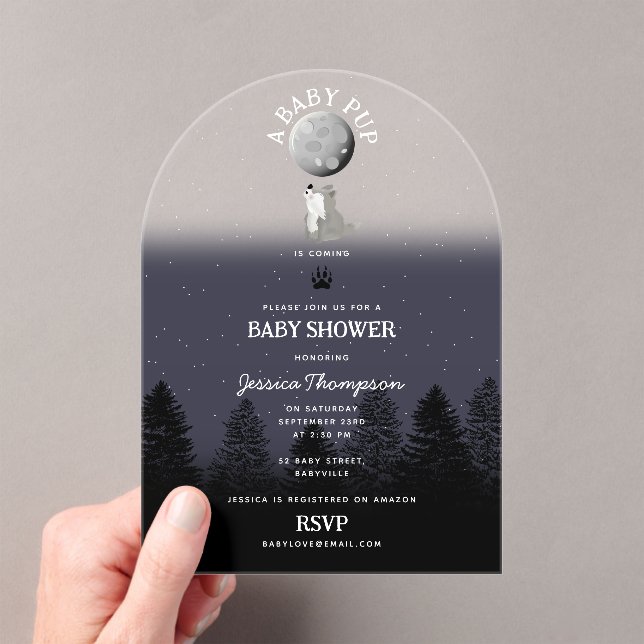 Cute Wolf Baby Pup and Mom Woodland Baby Shower Acrylic Invitations (Insitu (Handheld))