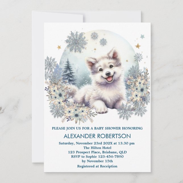 Cute wolf boy winter woodland themed watercolor  invitation (Front)