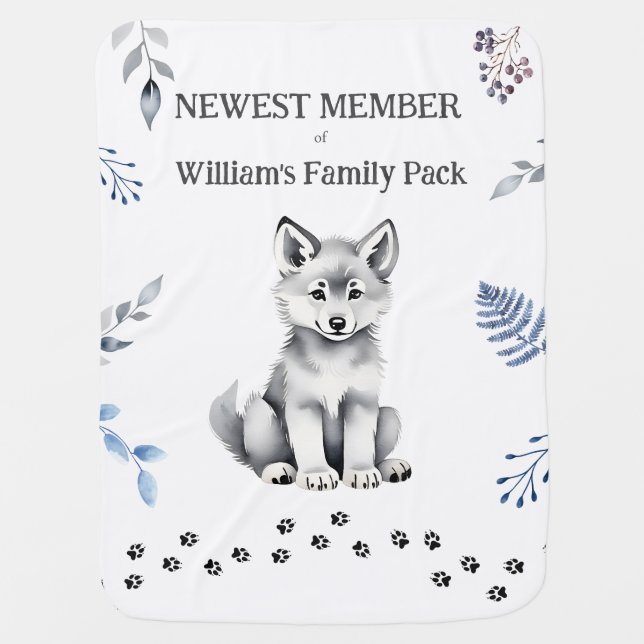 Cute wolf cub baby shower baby gifts personalized  baby blanket (Front)