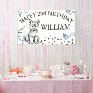 Cute wolf cub two wild happy birthday party banner