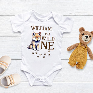 Cute wolf cub wild one woodlands birthday party baby bodysuit