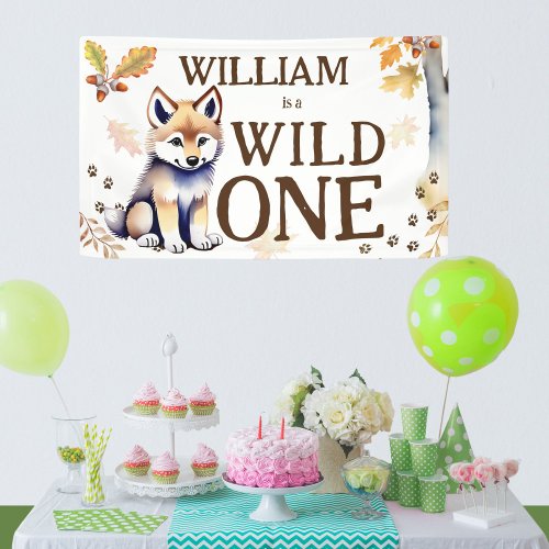 Cute wolf cub wild one woodlands birthday party banner