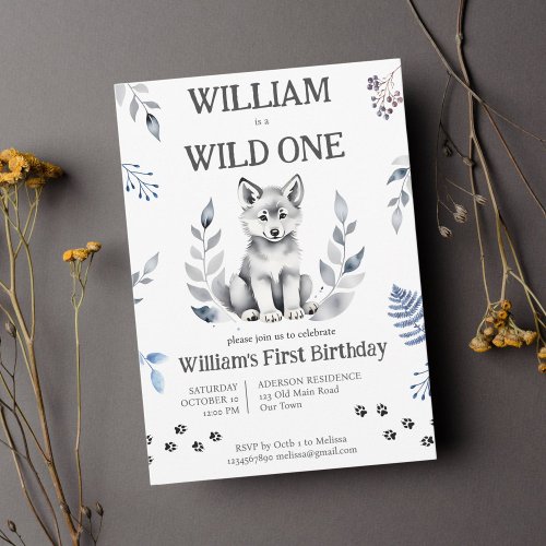 Cute wolf cub wild one woodlands birthday party invitation