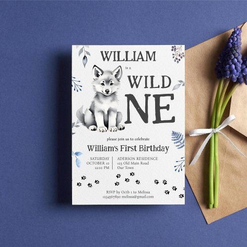 Cute wolf cub wild one woodlands birthday party invitation