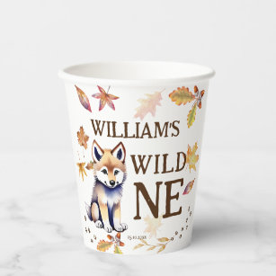 Cute wolf cub wild one woodlands birthday party paper cups