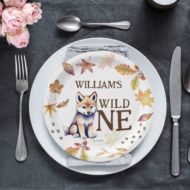 Cute wolf cub wild one woodlands birthday party paper plates (Wild one wolf themed woodlands birthday party tableware personalized paper plates cute fluffy wolf)