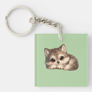 Cute Wolf Cub with Big Eyes Relaxing Woodland Anim Keychain