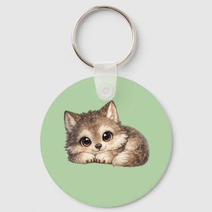 Cute Wolf Cub with Big Eyes Relaxing Woodland Anim Keychain