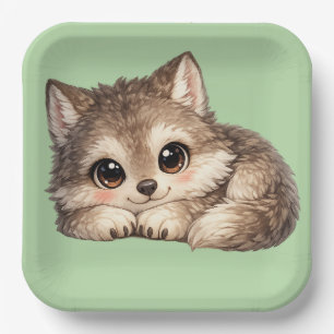 Cute Wolf Cub with Big Eyes Relaxing Woodland Anim Paper Plates