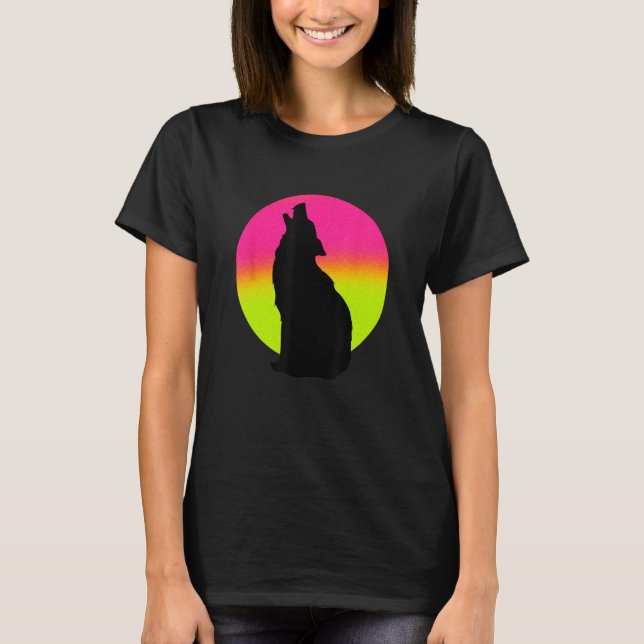 Cute Wolf   Howling Wolf Retro Sunset T-Shirt (Front)