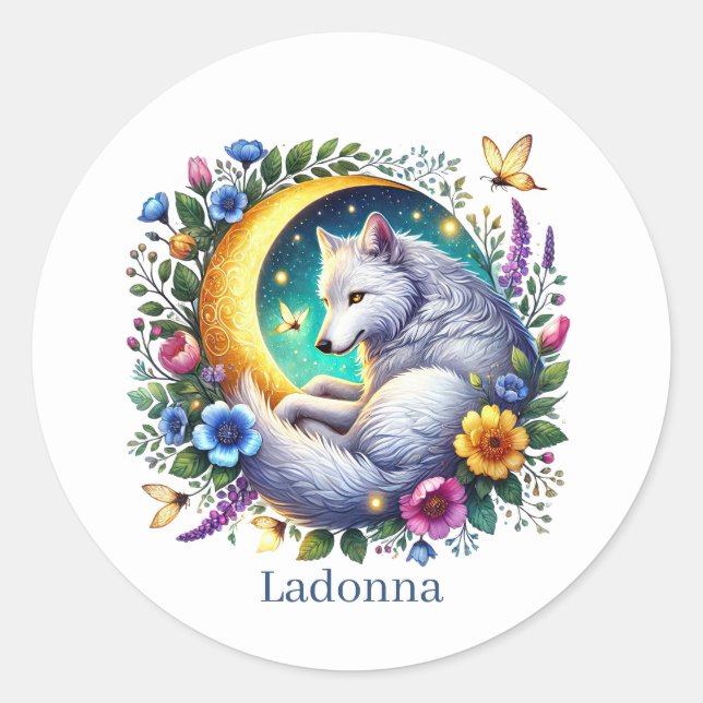 Cute wolf lovers animal customizable classic round sticker (Front)
