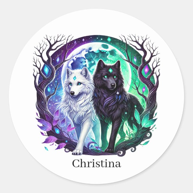 Cute wolf lovers animal customizable  classic round sticker (Front)