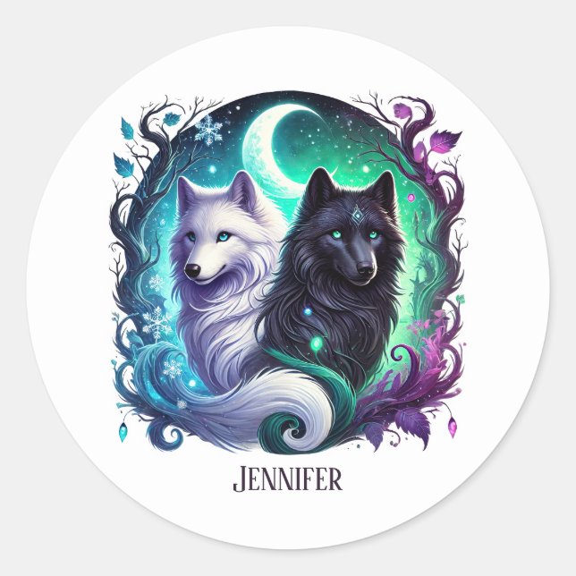 Cute wolf lovers customizable  classic round sticker (Front)