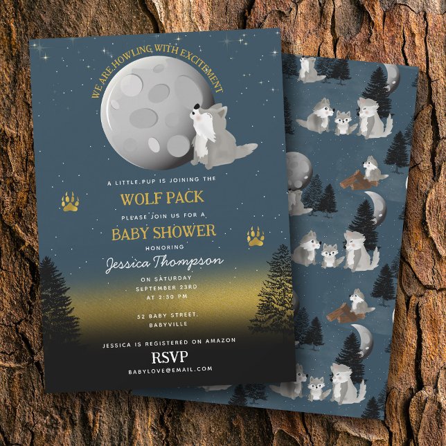 Cute Wolf Pack Woodland Moon Howling Baby Shower Invitation (Cute Wolf Pack Woodland Moon Howling Baby Shower Invitation)