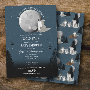 Cute Wolf Pack Woodland Moon Howling Baby Shower Invitation