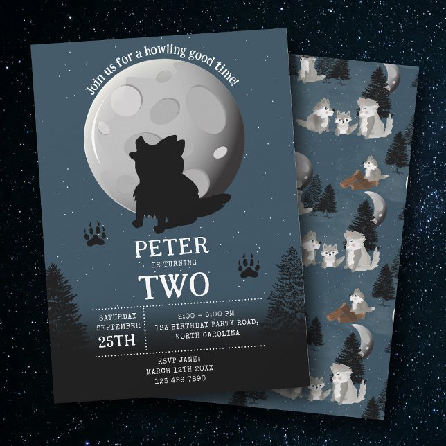 Cute Wolf Pack Woodland Moon Howling Birthday Invitation (Cute Wolf Pack Woodland Moon Howling Birthday Invitation)