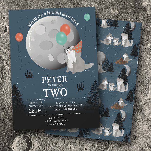 Cute Wolf Pack Woodland Moon Howling Birthday Invitation (Cute Wolf Pack Woodland Moon Howling Birthday Invitation)