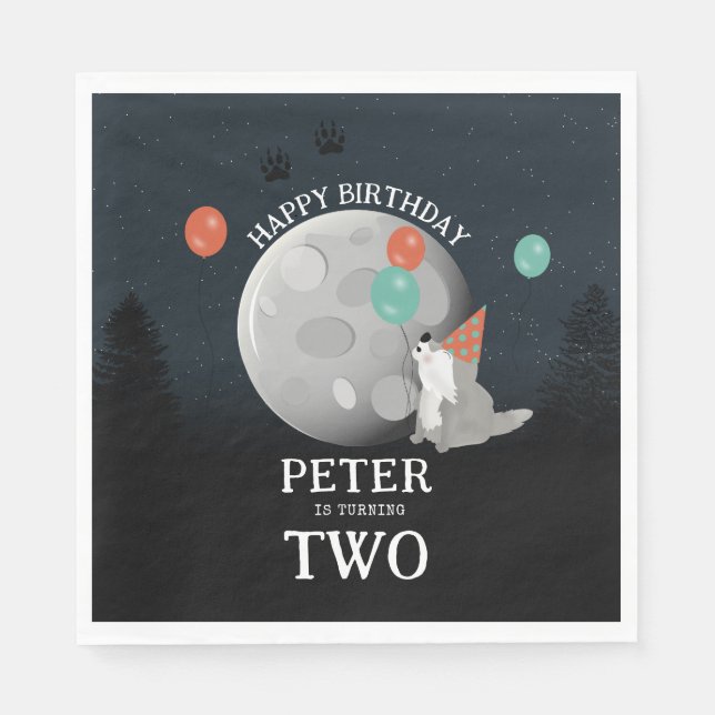 Cute Wolf Pack Woodland Moon Howling Birthday Napkins (Front)