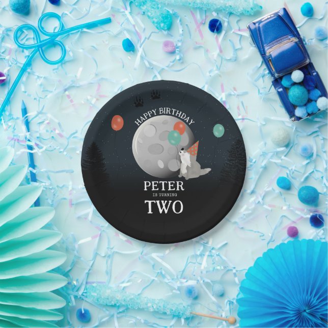Cute Wolf Pack Woodland Moon Howling Birthday Paper Plates (Party)