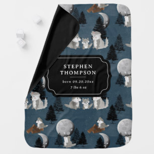 Cute Wolf Pack Woodland Night Baby Boy Blanket