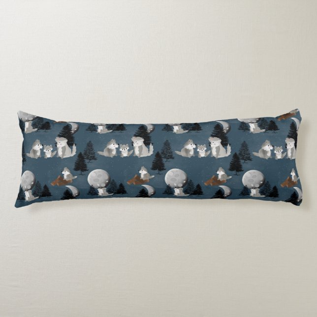 Cute Wolf Pack Woodland Night Baby Nursery Body Pillow (Front)