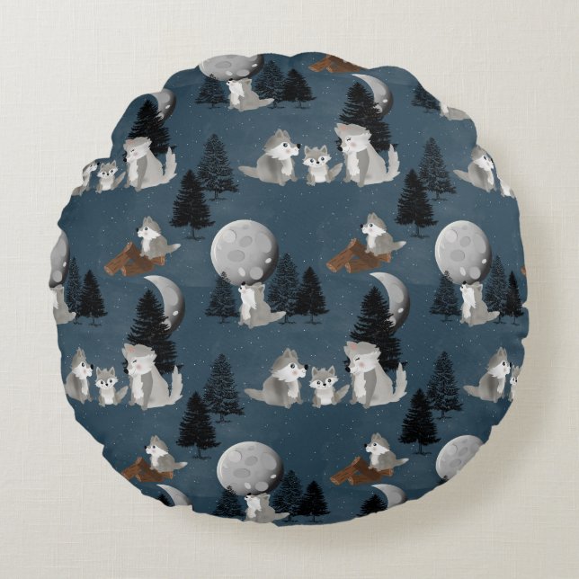 Cute Wolf Pack Woodland Night Kids Bedroom Round Pillow (Front)