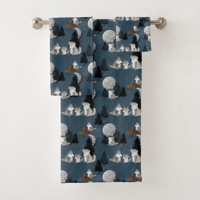 Cute Wolf Pack Woodland Night Moon Kids Bath Towel Set (Insitu)