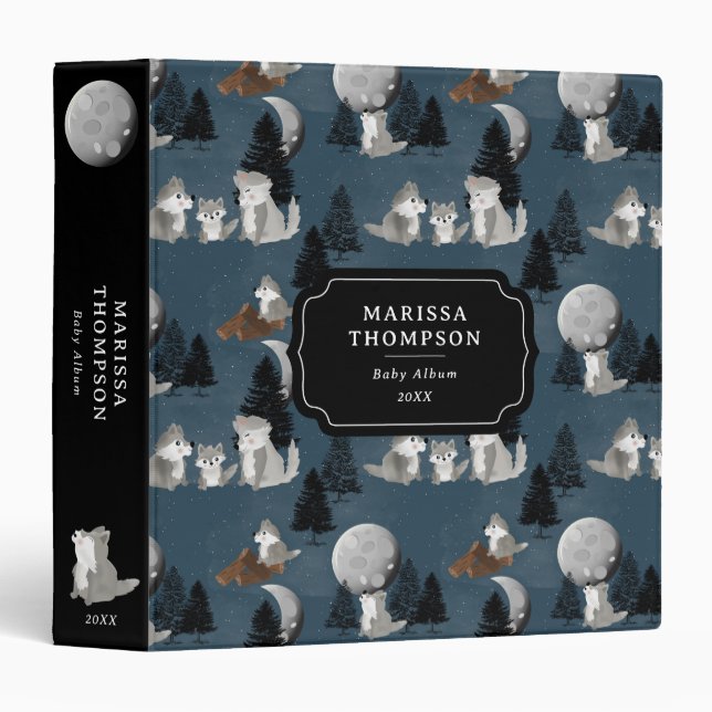 Cute Wolf Pack Woodland Night Sky Moon 3 Ring Binder (Front/Spine)
