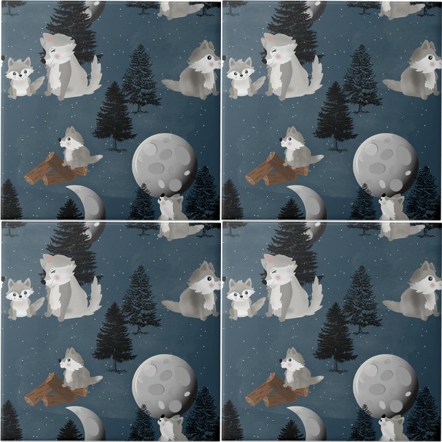 Cute Wolf Pack Woodland Night Sky Moon Ceramic Tile (Cute Wolf Pack Woodland Night Sky Moon Ceramic Tile)