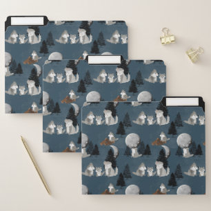 Cute Wolf Pack Woodland Night Sky Moon File Folder