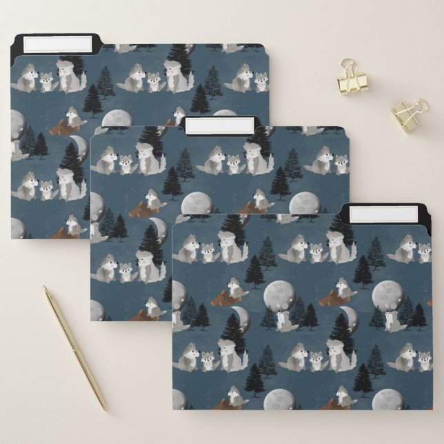 Cute Wolf Pack Woodland Night Sky Moon File Folder (Set)