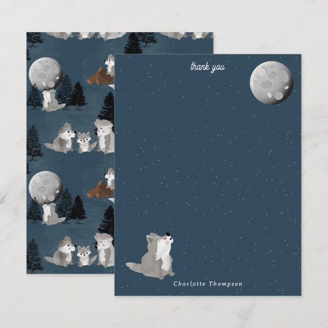 Cute Wolf Pack Woodland Night Sky Moon Kids Thank You Card (Front/Back)