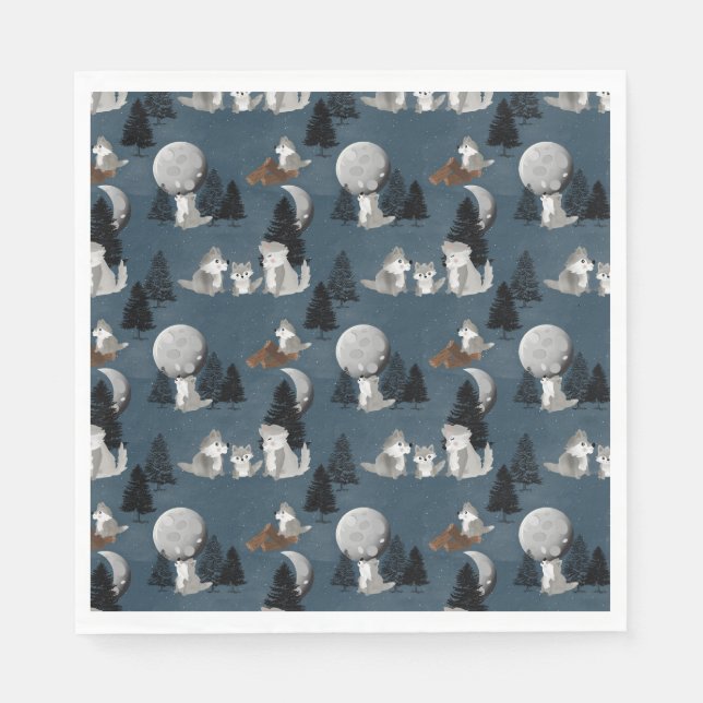 Cute Wolf Pack Woodland Night Sky Moon Napkins (Front)