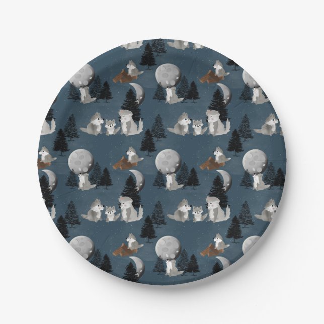 Cute Wolf Pack Woodland Night Sky Moon Paper Plates (Front)
