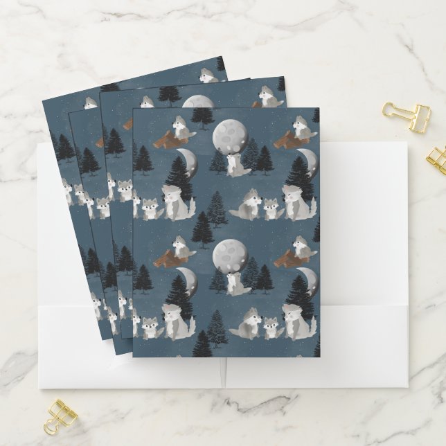 Cute Wolf Pack Woodland Night Sky Moon Pocket Folder (In Situ)