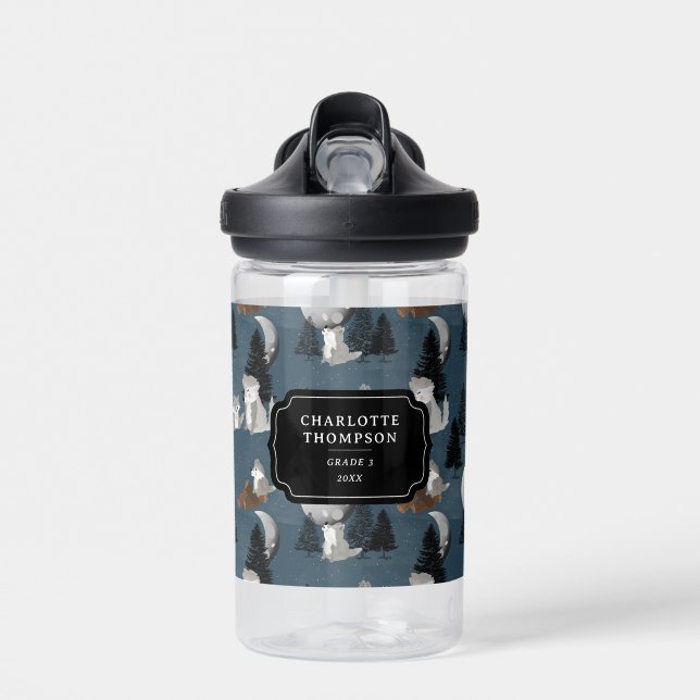 Cute Wolf Pack Woodland Night Sky Moon Water Bottle (Front)