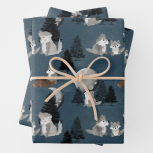Cute Wolf Pack Woodland Night Sky Moon Wrapping Paper Sheets