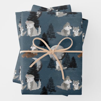 Cute Wolf Pack Woodland Night Sky Moon Wrapping Paper Sheets