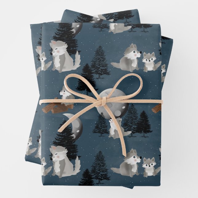 Cute Wolf Pack Woodland Night Sky Moon Wrapping Paper Sheets (In situ)