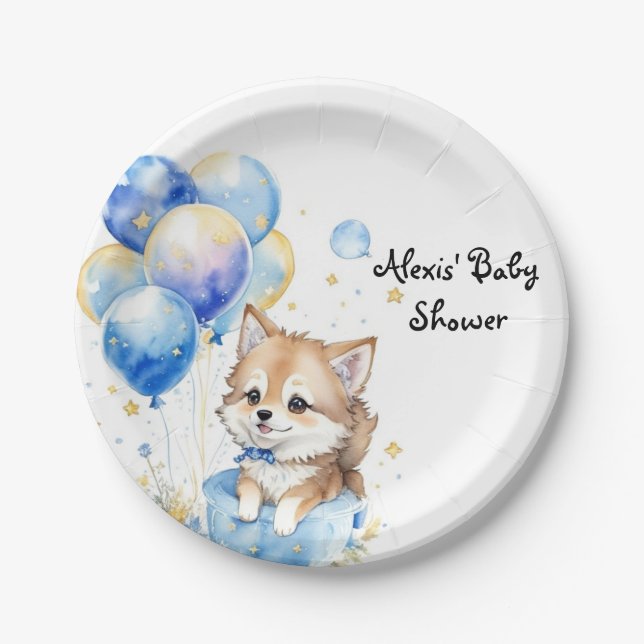 Cute Wolf Pup Boy Baby Shower Paper Plates (Front)