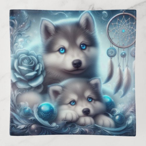 Cute Wolf Pups Blue Rose and a Dreamcatcher Trinket Tray