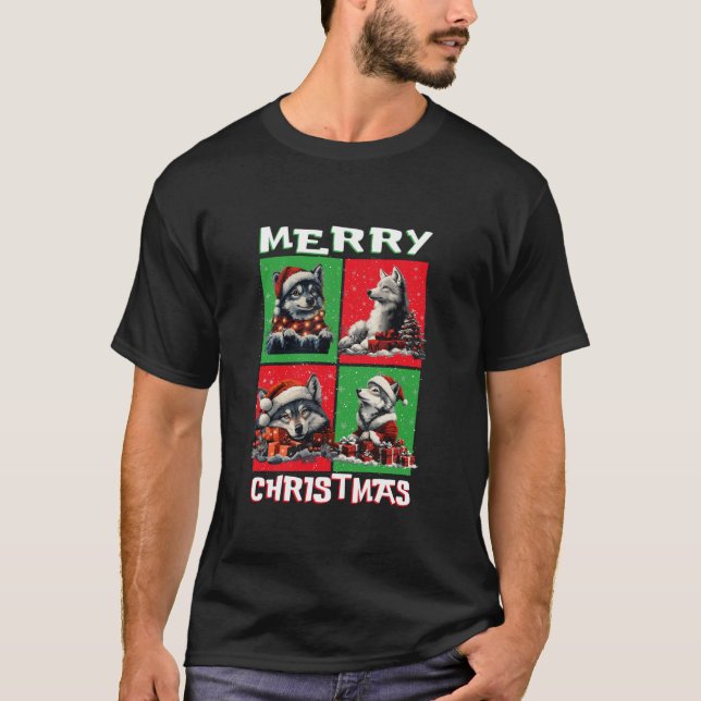 Cute Wolf Santa Animals Lover Merry Christmas Tree T-Shirt (Front)