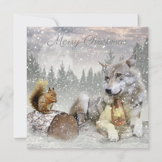 Cute Wolf Squirrel Winter Snow Forest Christmas Holiday Card (Front)