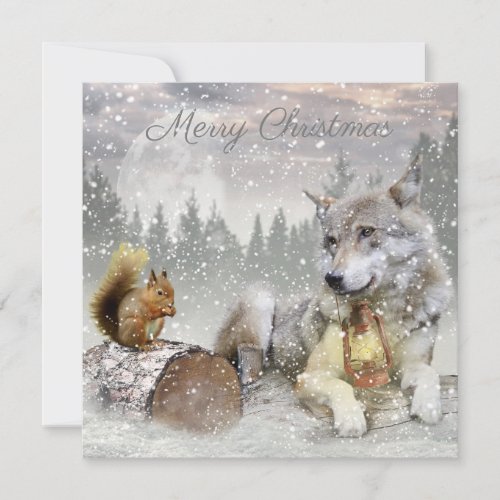 Cute Wolf Squirrel Winter Snow Forest Christmas Holiday Card