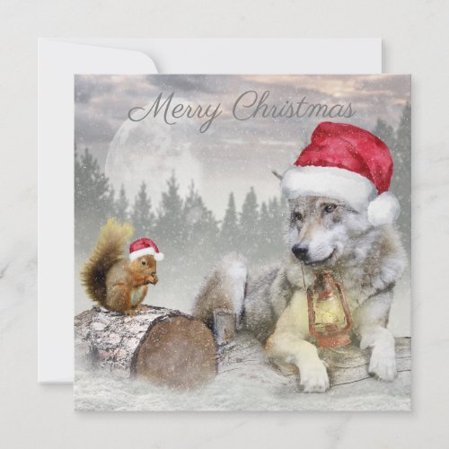 Cute Wolf Squirrel Winter Snow Forest Christmas Holiday Card