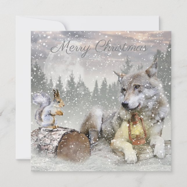 Cute Wolf Squirrel Winter Snow Forest Christmas Holiday Card (Front)