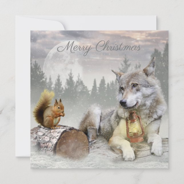 Cute Wolf Squirrel Winter Snow Forest Christmas Holiday Card (Front)