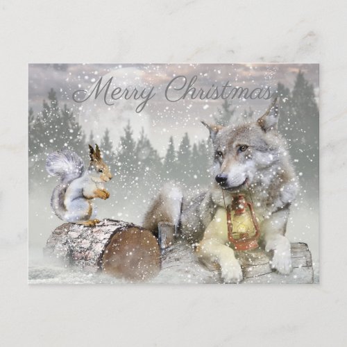 Cute Wolf Squirrel Winter Snow Forest Christmas Holiday Postcard